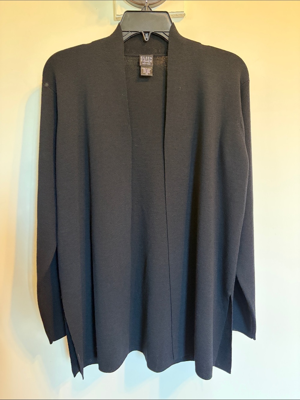 Eileen Fisher Black 100% Wool Italian Yarn Long Open Front Cardigan Size XS